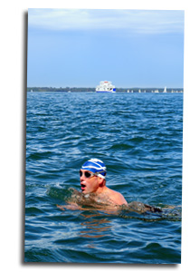 Mike Laird swimming across the Solent