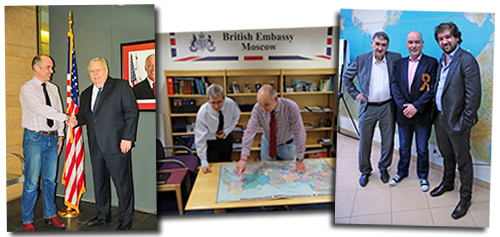 Mike Laird meeting US Ambassador to Russia John Tefft, UK Ambassador to Russia Laurie Bristow, and Matvey and Dmitri Shparo in Moscow